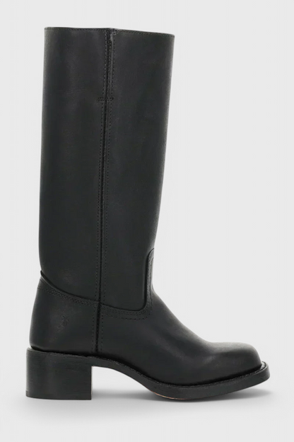 Tall pull-on boots with square toes and low block heels