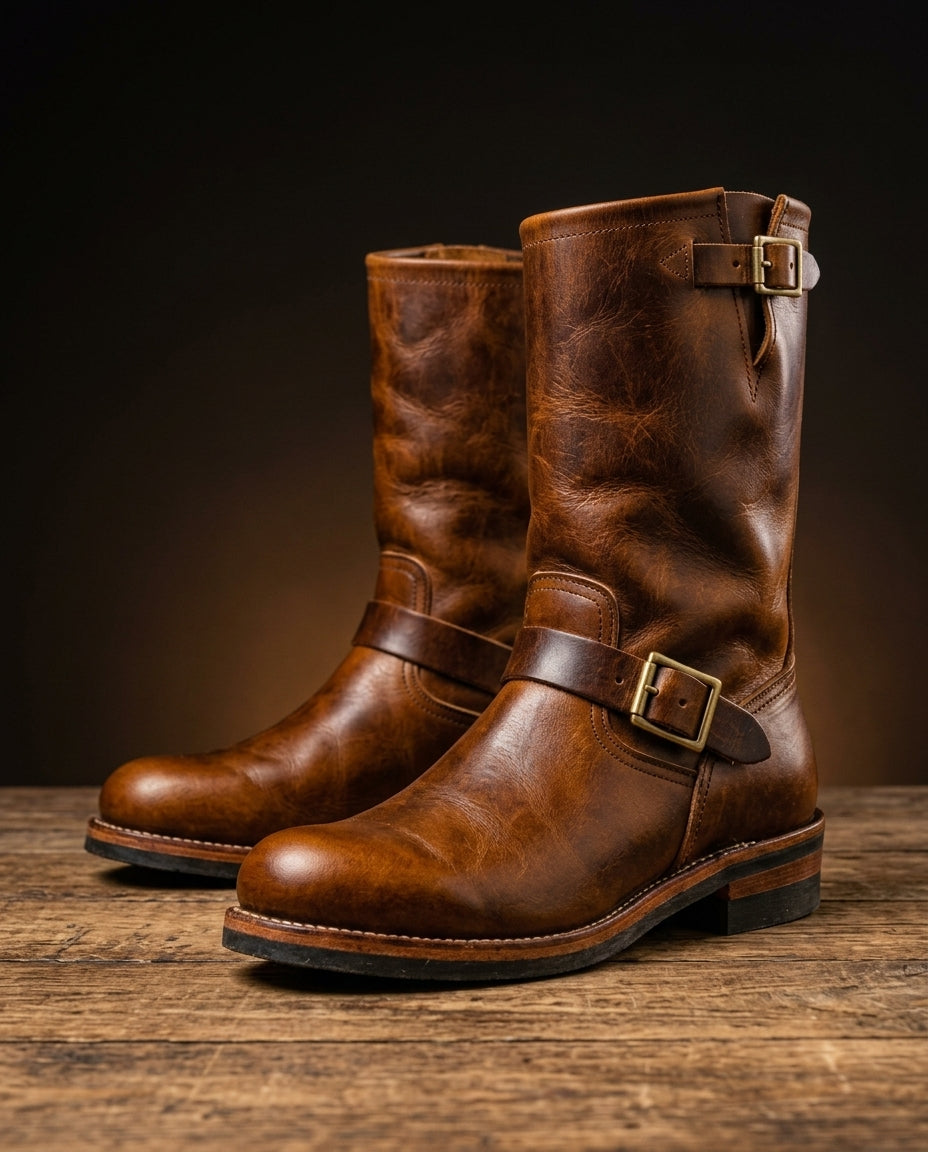 Bottes engineer vintage unisexes à brides avec boucles et talon bloc