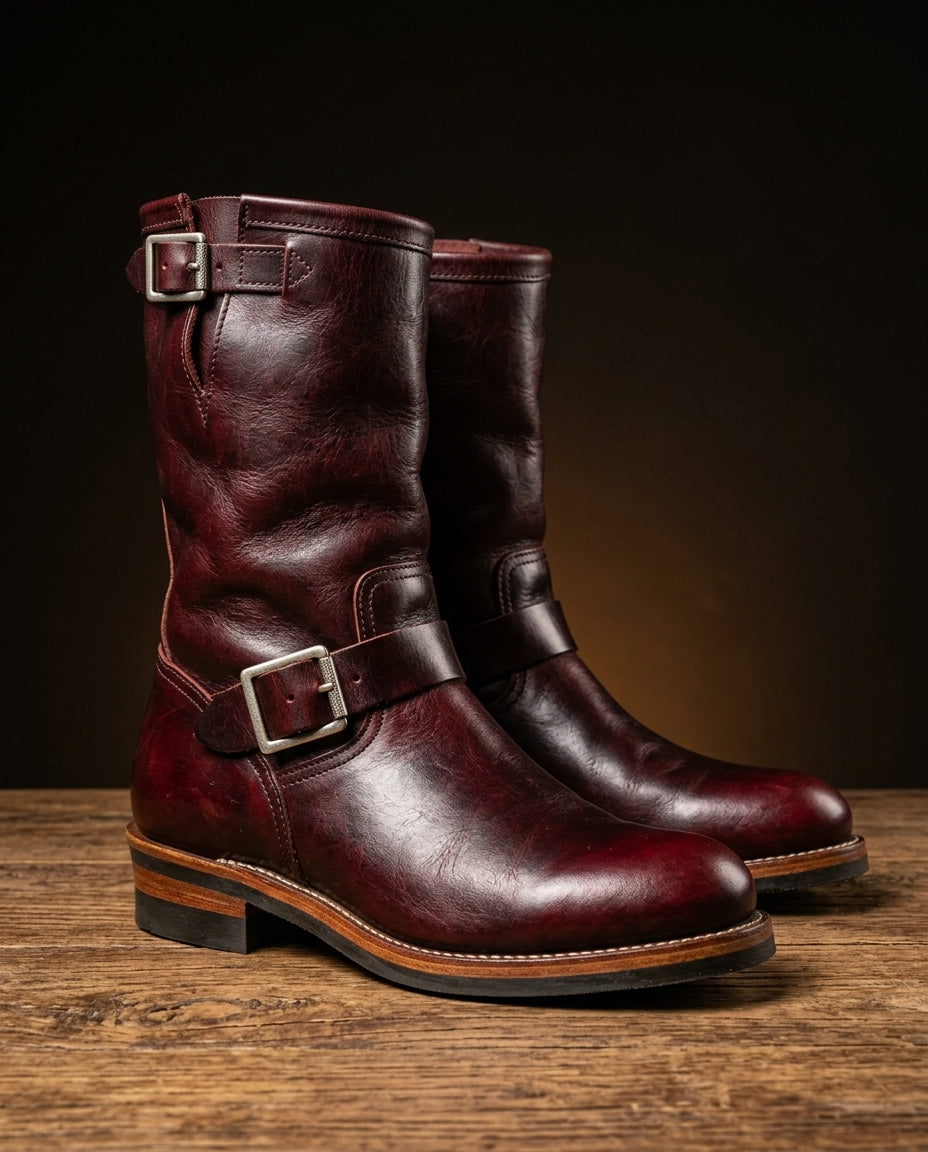 Bottes engineer vintage unisexes à brides avec boucles et talon bloc