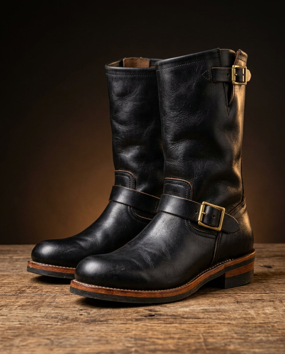 Bottes engineer vintage unisexes à brides avec boucles et talon bloc
