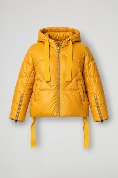 Women's short quilted hooded puffer jacket with long sleeves and zip pockets