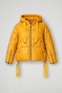 Women's short quilted hooded puffer jacket with long sleeves and zip pockets