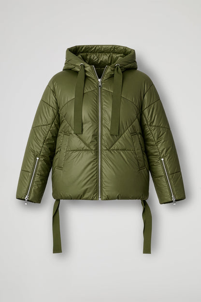 Women's short quilted hooded puffer jacket with long sleeves and zip pockets