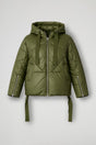 Women's short quilted hooded puffer jacket with long sleeves and zip pockets