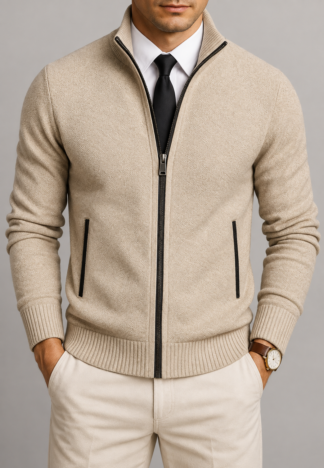 Men's textured zip-up cardigan with mock neck and ribbed trims