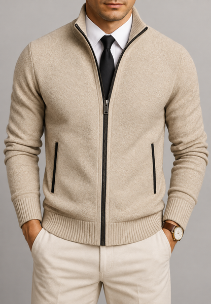 Men's textured zip-up cardigan with mock neck and ribbed trims