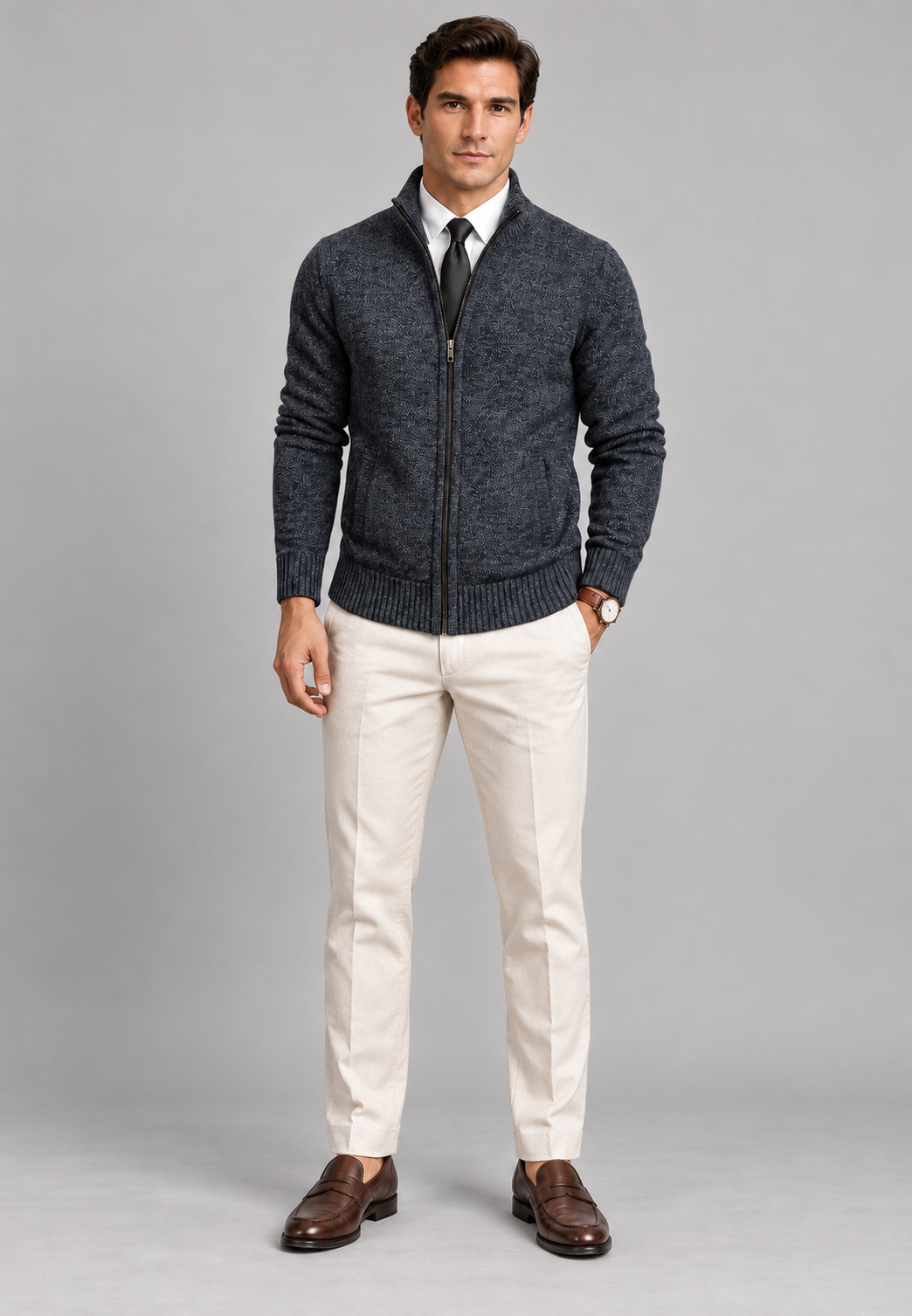 Men's textured zip-up cardigan with mock neck and ribbed trims