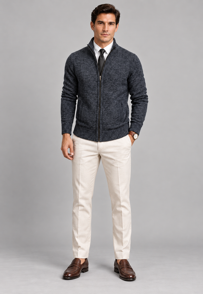 Men's textured zip-up cardigan with mock neck and ribbed trims