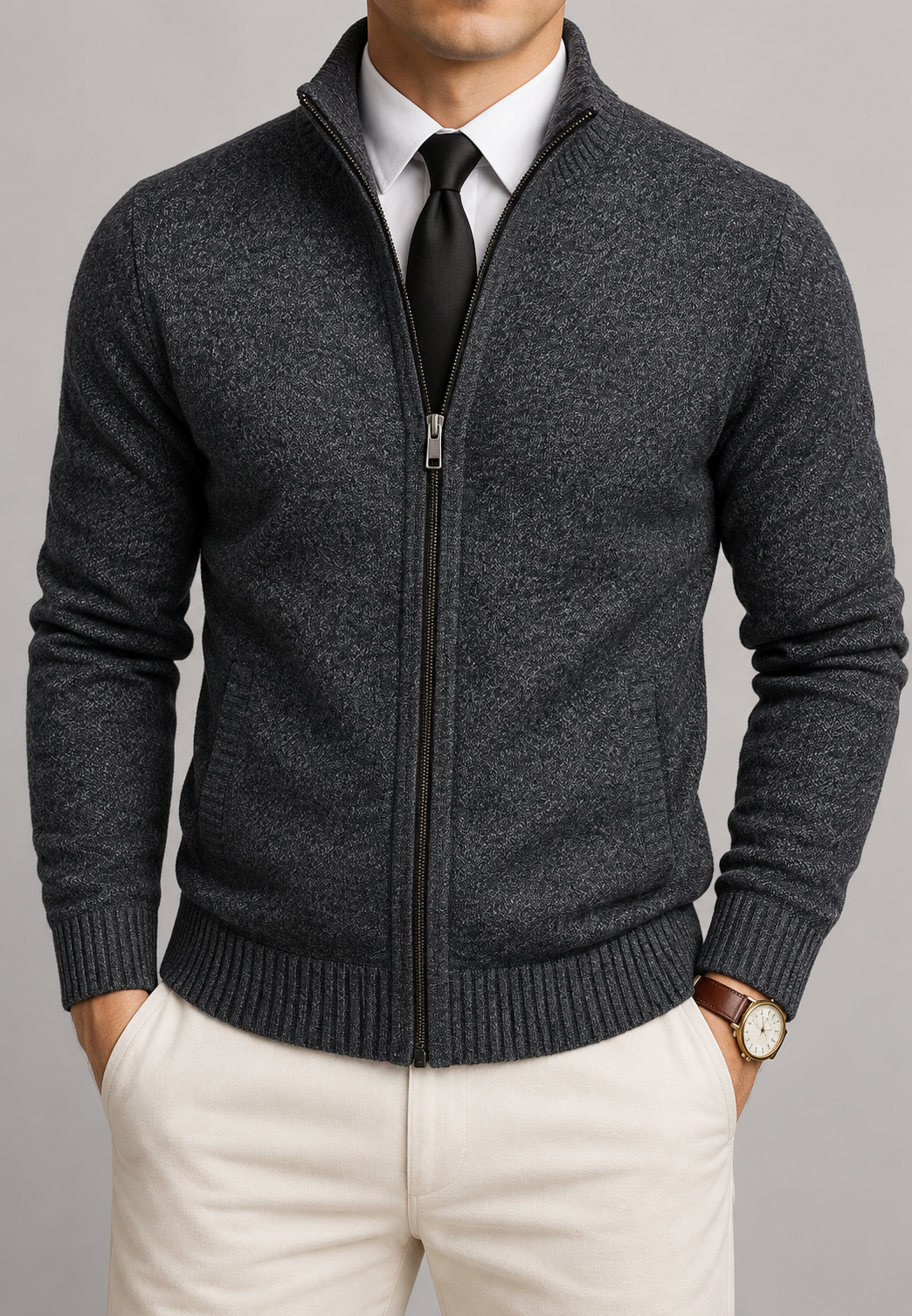 Men's textured zip-up cardigan with mock neck and ribbed trims