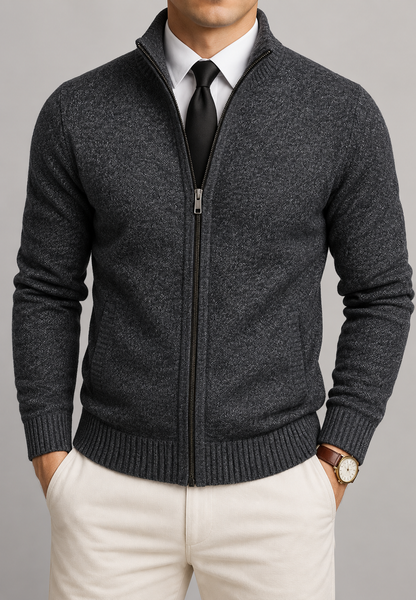 Men's textured zip-up cardigan with mock neck and ribbed trims