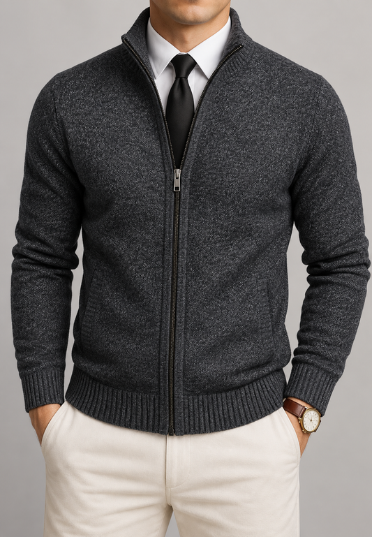 Men's textured zip-up cardigan with mock neck and ribbed trims