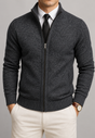 Men's textured zip-up cardigan with mock neck and ribbed trims