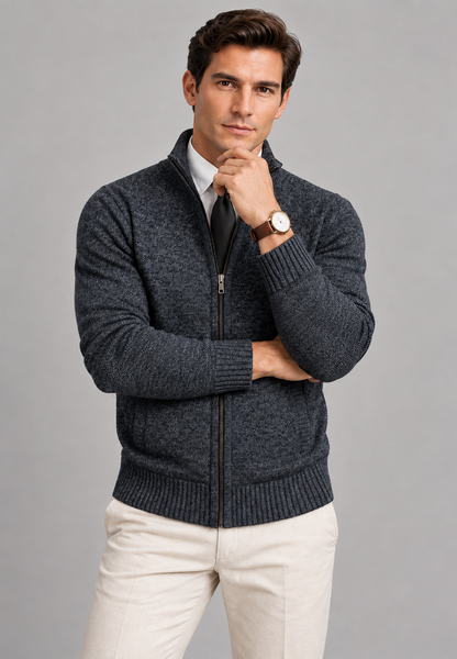 Men's textured zip-up cardigan with mock neck and ribbed trims