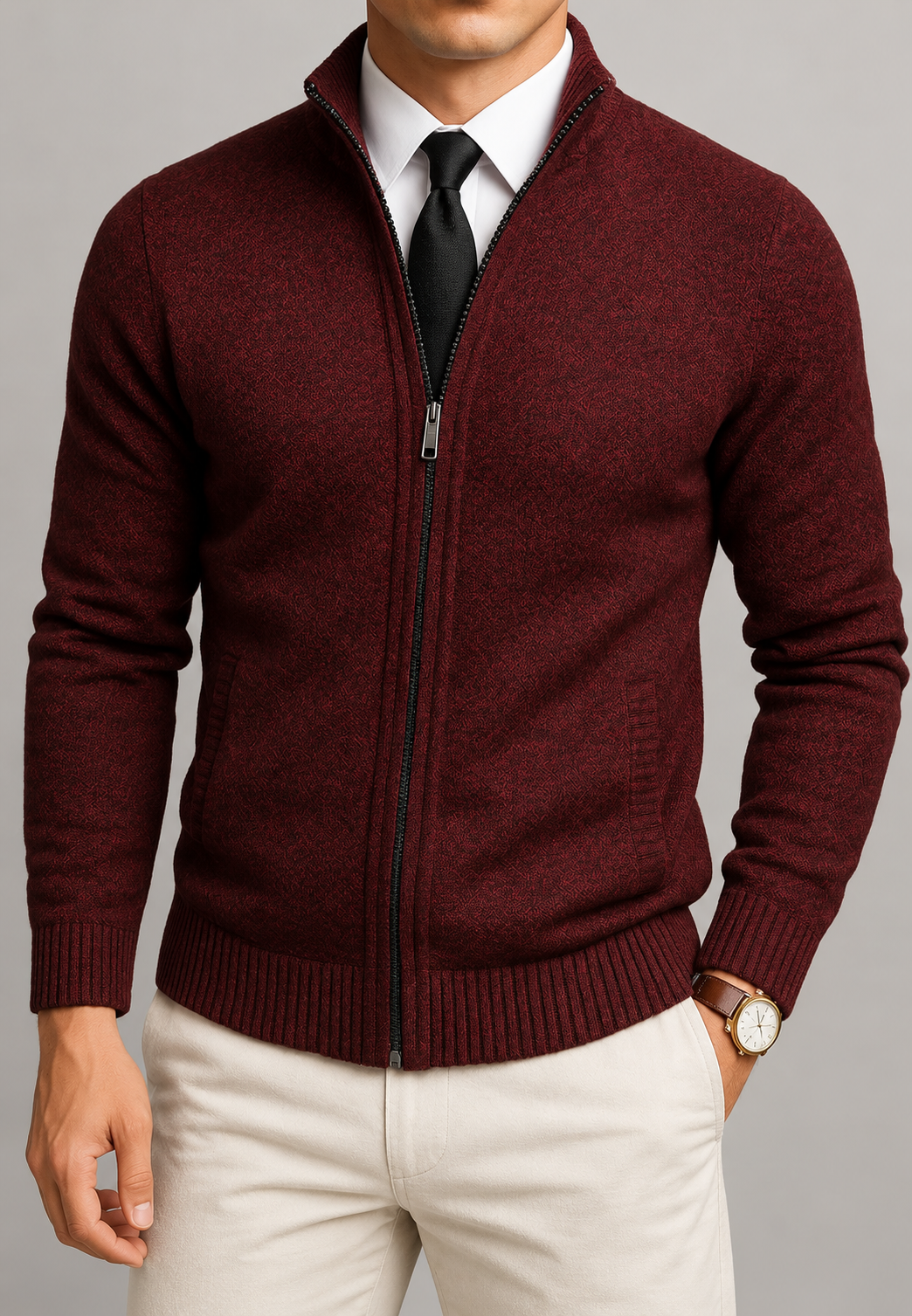 Men's textured zip-up cardigan with mock neck and ribbed trims