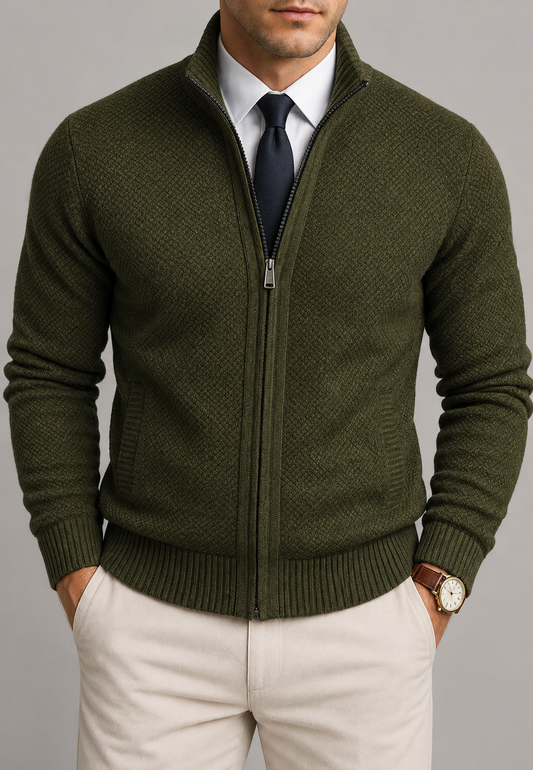 Men's textured zip-up cardigan with mock neck and ribbed trims