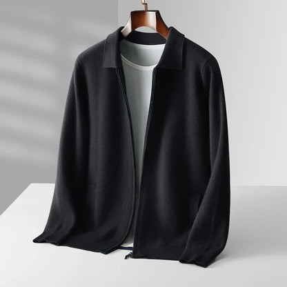 Men's zip-up cardigan with shirt collar and front pockets