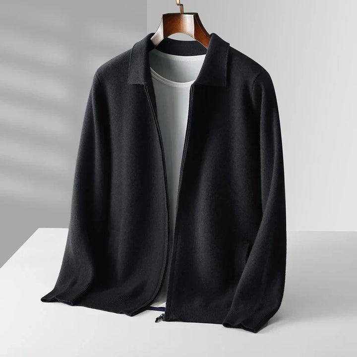 Men's zip-up cardigan with shirt collar and front pockets