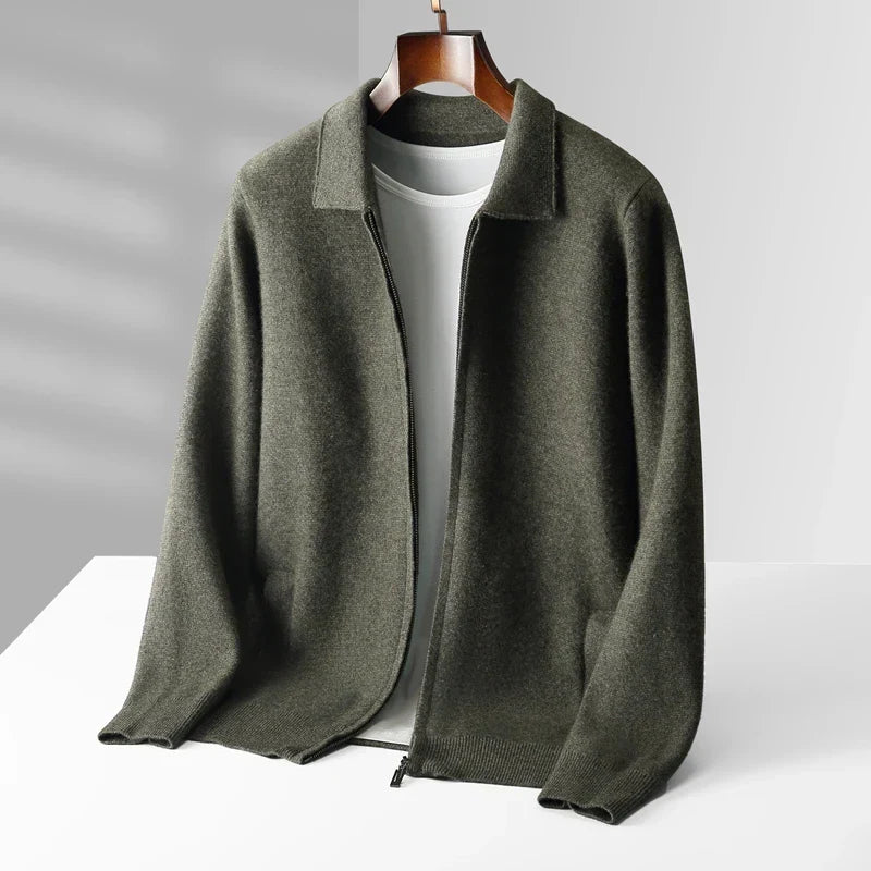 Men's zip-up cardigan with shirt collar and front pockets