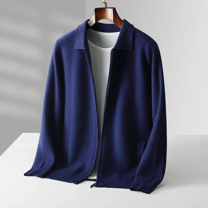 Men's zip-up cardigan with shirt collar and front pockets