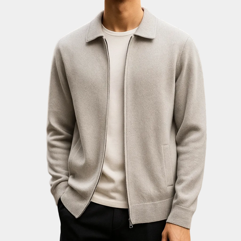 Men's zip-up cardigan with shirt collar and front pockets