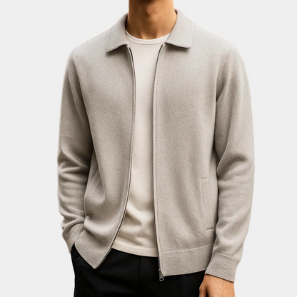 Men's zip-up cardigan with shirt collar and front pockets