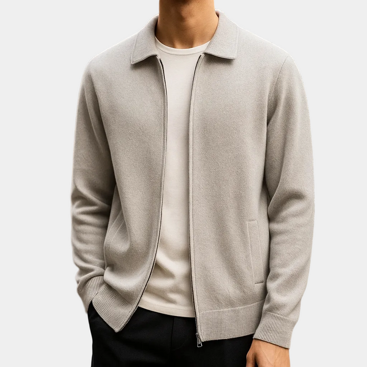 Men's zip-up cardigan with shirt collar and front pockets