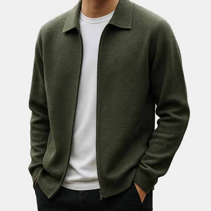 Men's zip-up cardigan with shirt collar and front pockets