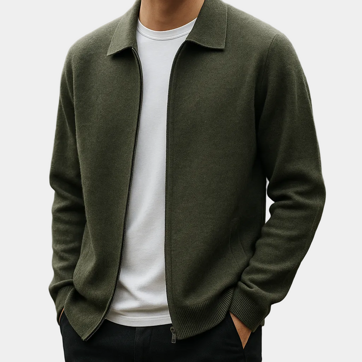 Men's zip-up cardigan with shirt collar and front pockets