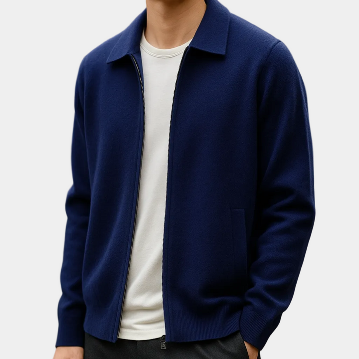 Men's zip-up cardigan with shirt collar and front pockets
