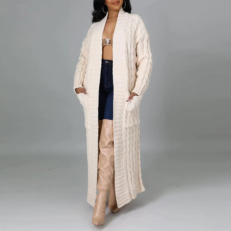 Women's longline cable knit cardigan with open front and front pockets