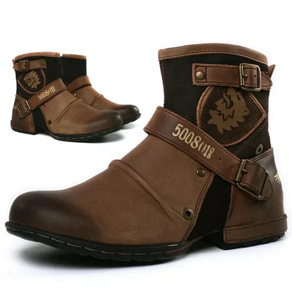 Men's ankle biker boots with multiple buckle straps
