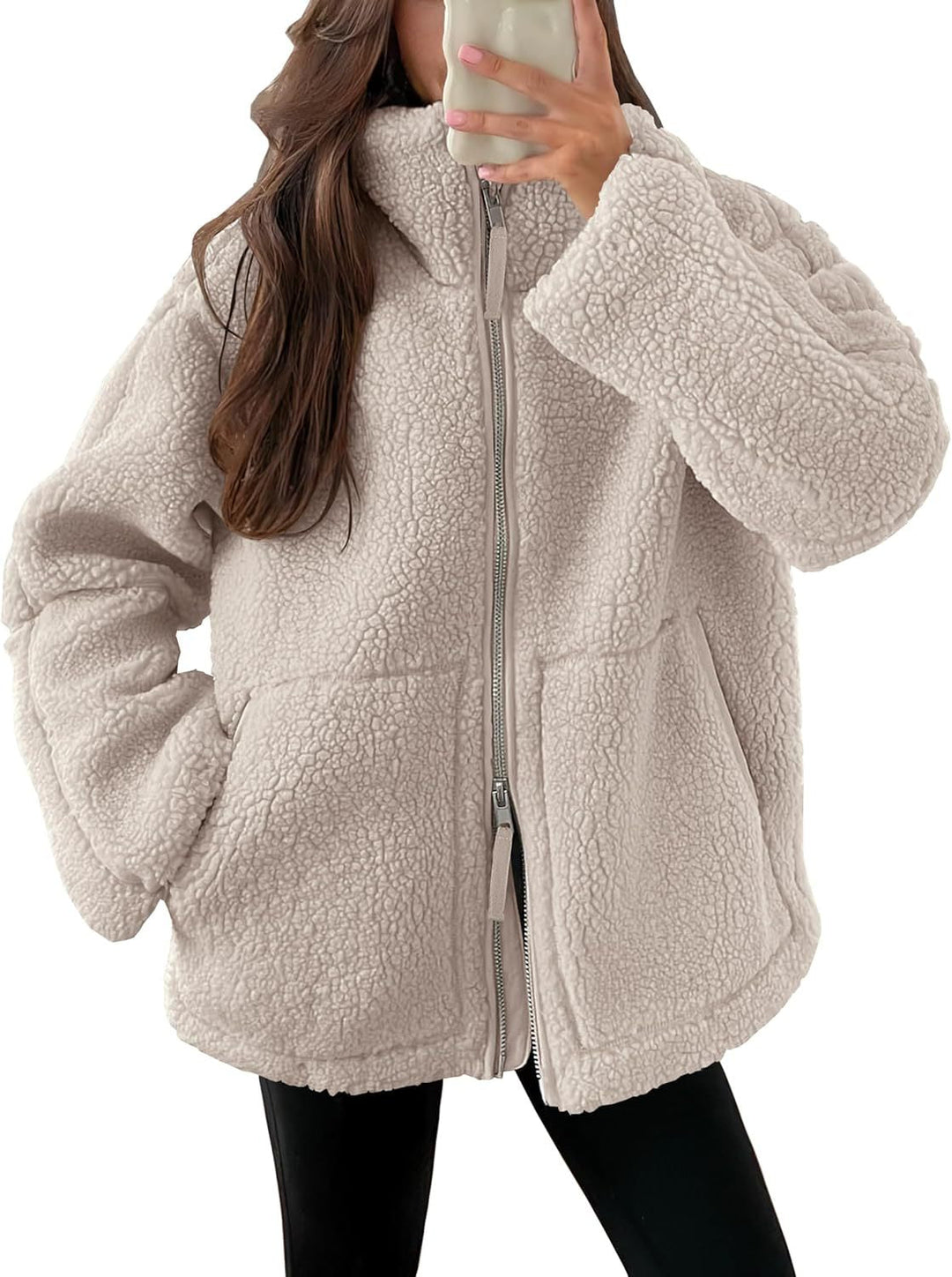 Women's textured teddy fleece zip-up coat with stand collar and front pockets