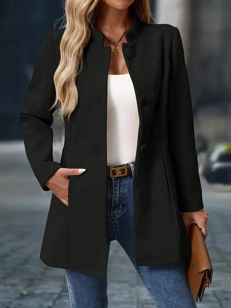 Women's longline stand collar coat with covered buttons