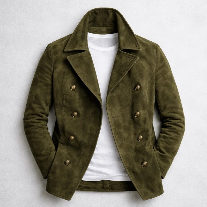 Men's textured double-breasted trench coat with notched collar and long sleeves