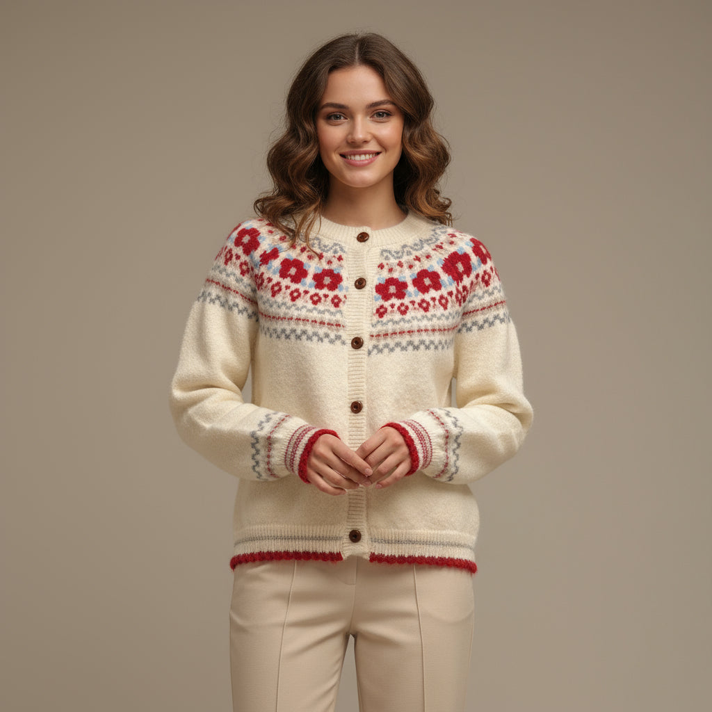 Women's cream Fair Isle cardigan with button front and patterned yoke
