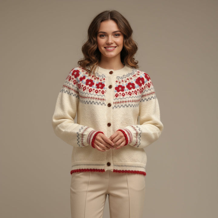 Women's cream Fair Isle cardigan with button front and patterned yoke