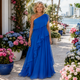 Women's One-Shoulder Maxi Dress — Cascading Ruffle Flowing Lightweight Summer Dress