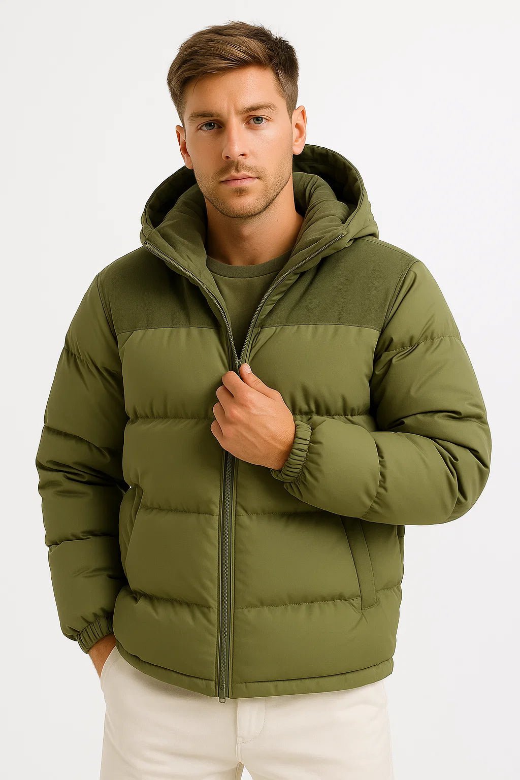 Men's hooded quilted puffer jacket with zip front and long sleeves