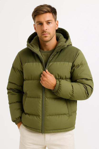 Men's hooded quilted puffer jacket with zip front and long sleeves