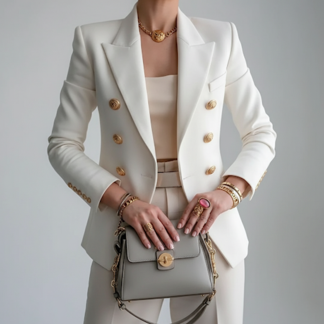 Women's double-breasted blazer with notched lapels and gold-tone buttons