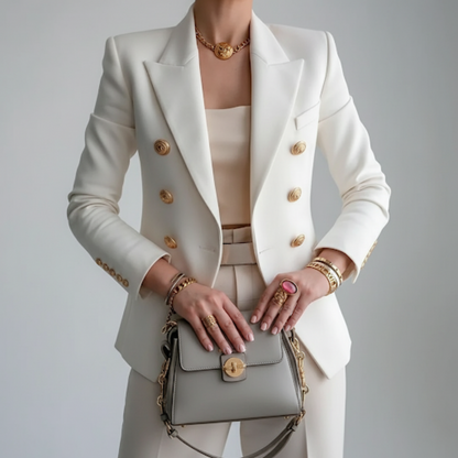 Women's double-breasted blazer with notched lapels and gold-tone buttons