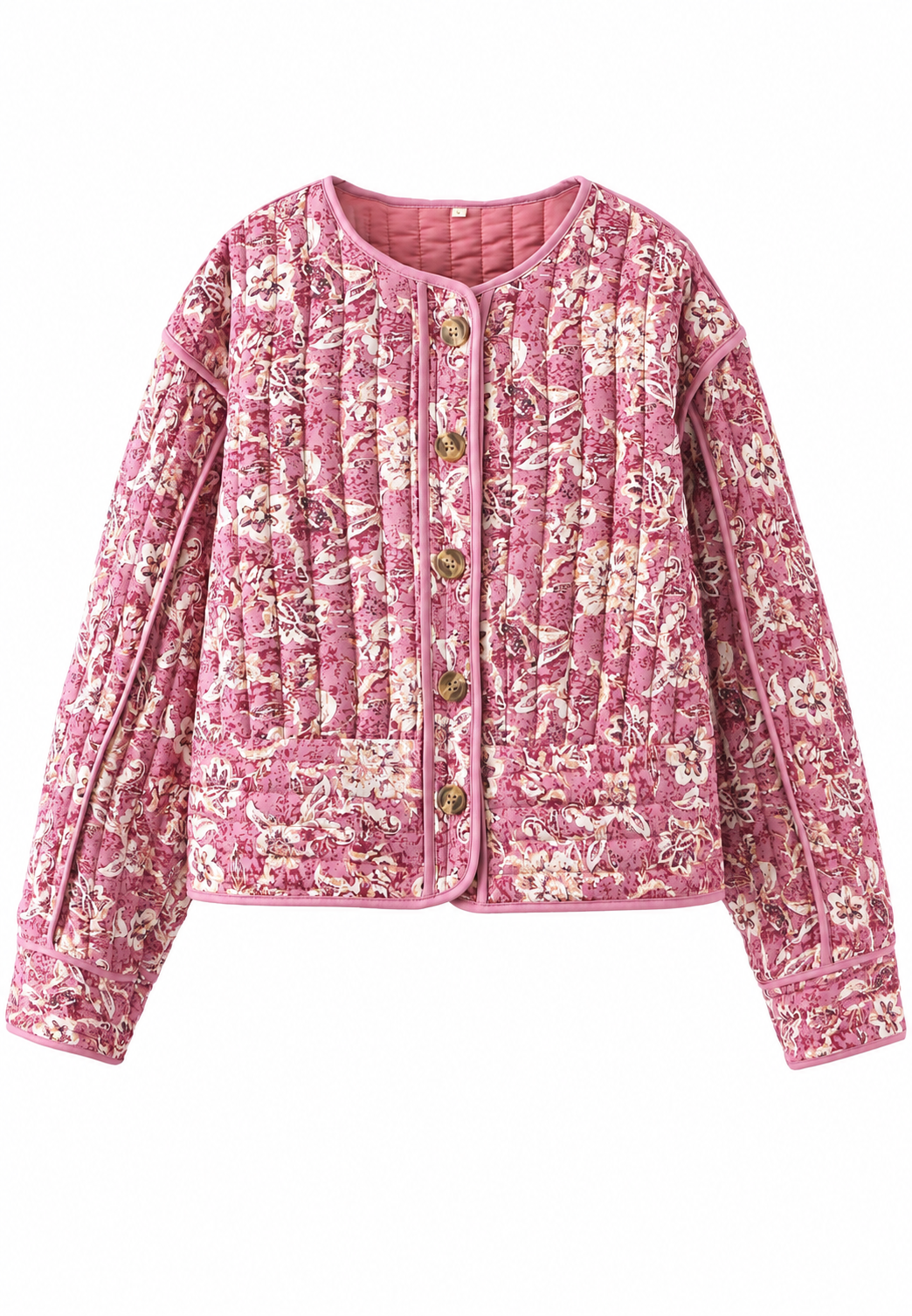 Women's pink floral quilted jacket with button front and piped trims