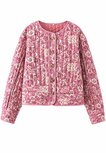 Women's pink floral quilted jacket with button front and piped trims