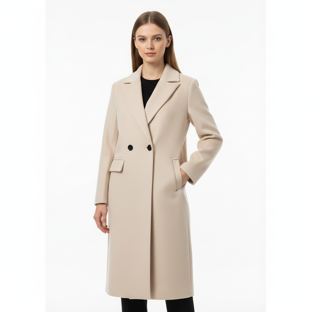 Women's longline double-breasted trench coat with notched lapels and flap pockets