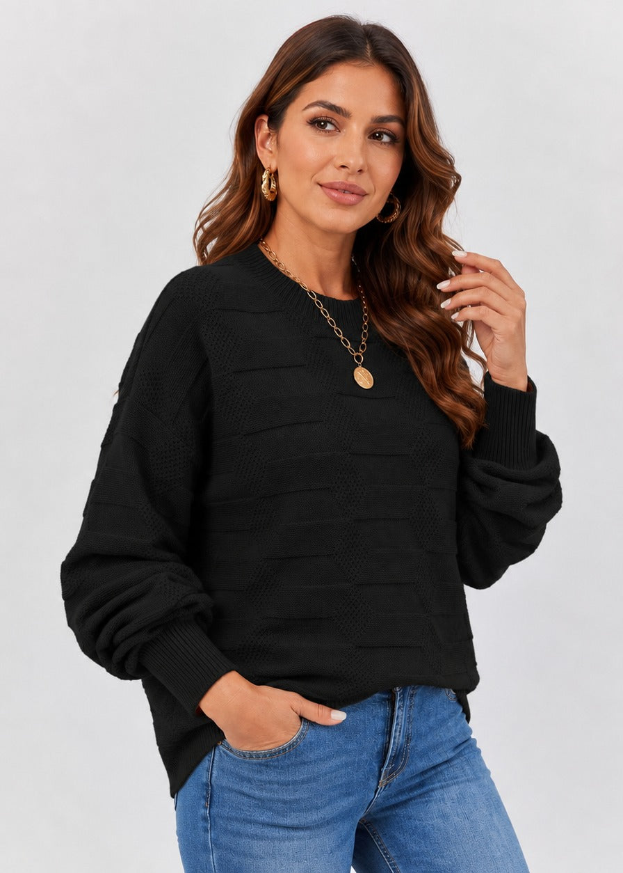 Women's textured crew neck sweater with long sleeves and geometric knit details