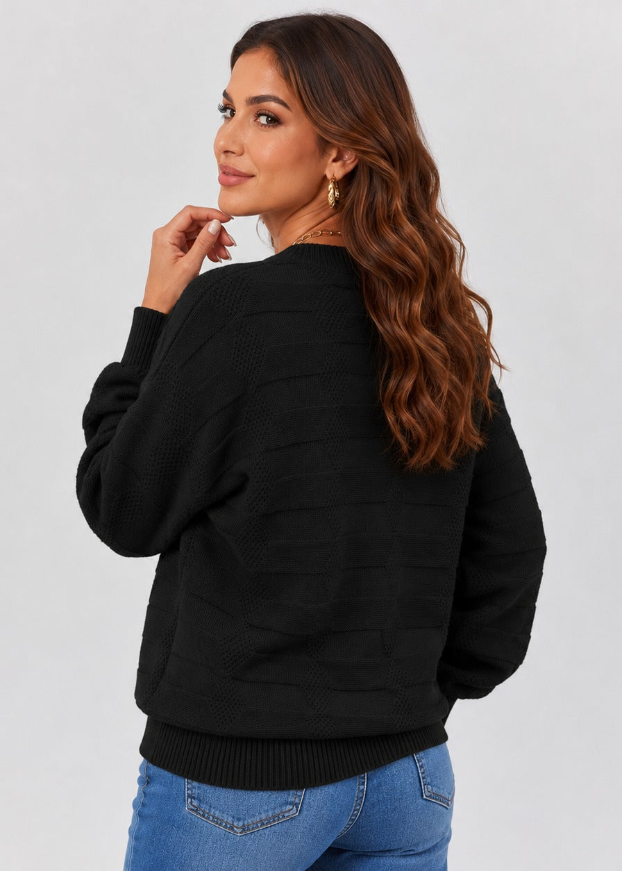 Women's textured crew neck sweater with long sleeves and geometric knit details