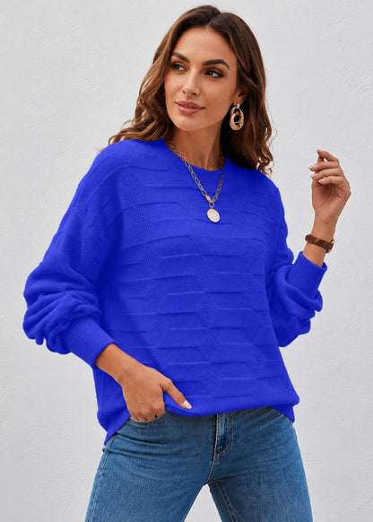 Women's textured crew neck sweater with long sleeves and geometric knit details