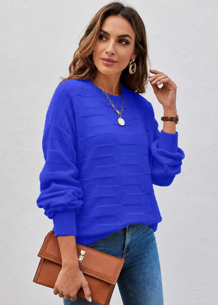 Women's textured crew neck sweater with long sleeves and geometric knit details