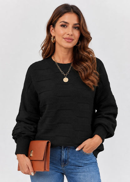 Women's textured crew neck sweater with long sleeves and geometric knit details