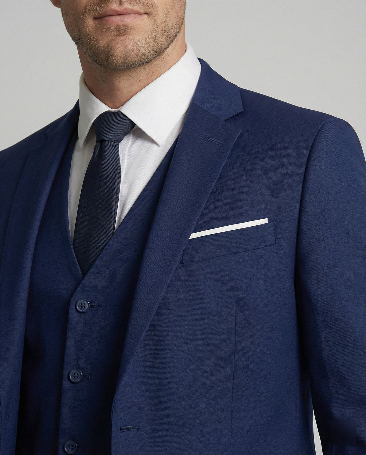 Men's three-piece suit set with notched-lapel jacket, waistcoat and trousers